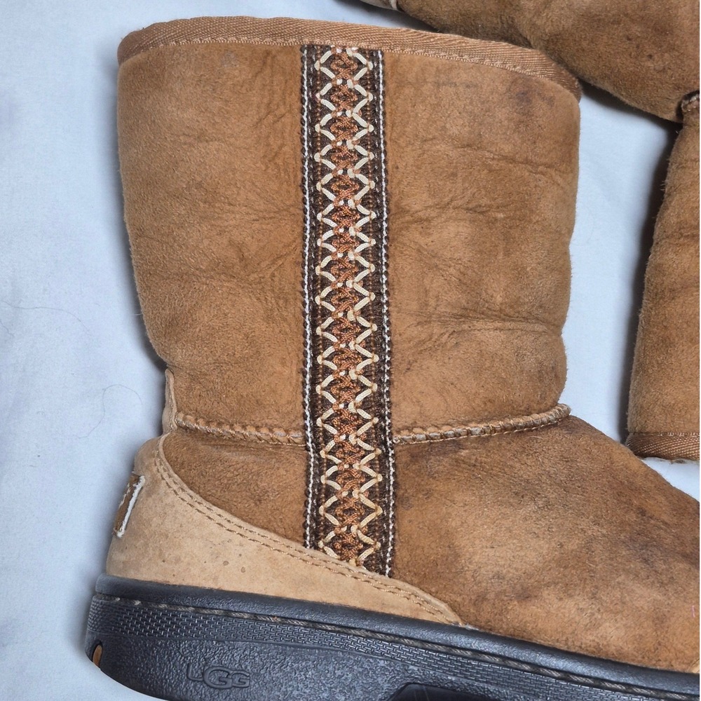 UGG Chestnut Brown Suede Winter Boots with Decorative Stitching - Picture 8 of 12